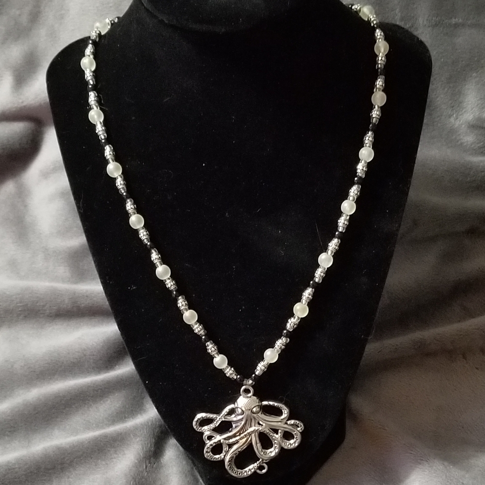 Silver Octopus Pendant & Strung Bead Necklace